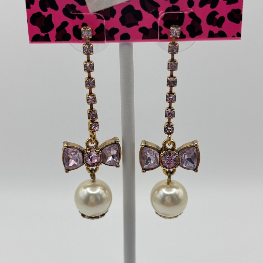 Betsey Johnson Earrings Crystal Bow Dangle Cup Chain Faux Pearl